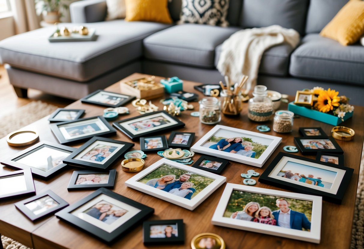 A cozy living room table with scattered photo collage frames, surrounded by family mementos and craft supplies, capturing special occasions