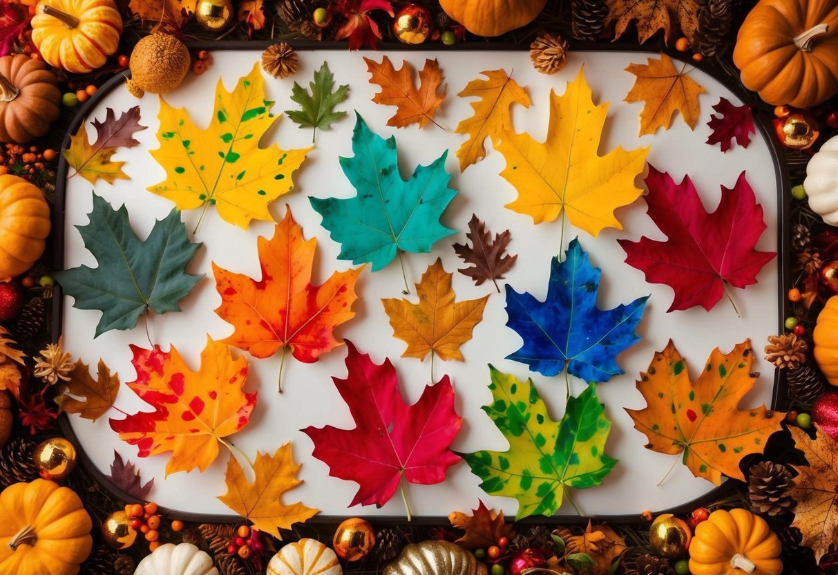 A collection of colorful handprint leaves arranged in a festive display, surrounded by autumnal decorations and symbols of Thanksgiving