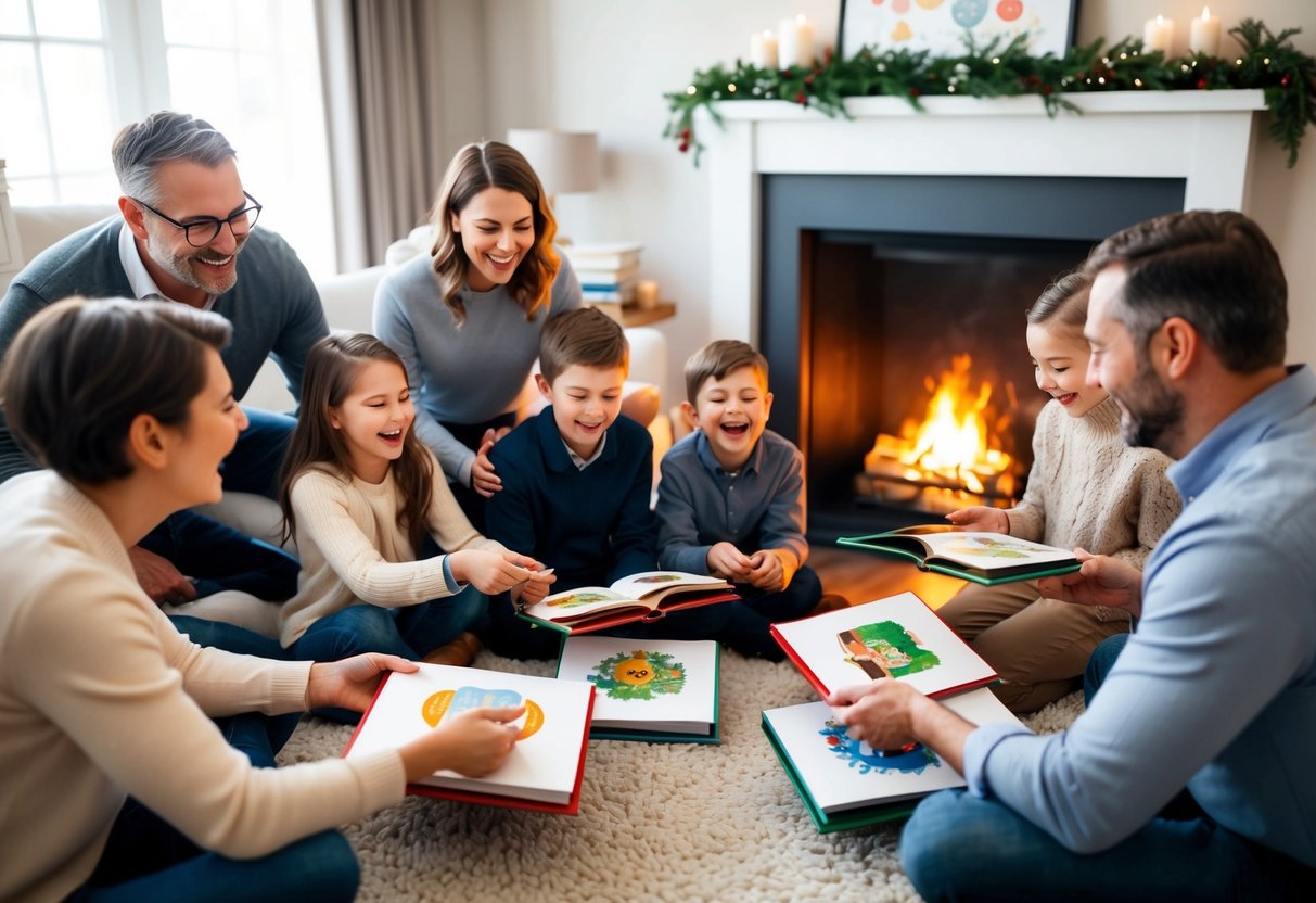 A family gathers around a cozy fireplace, exchanging personalized storybooks on special occasions. Laughter and joy fill the room as they create cherished keepsakes together