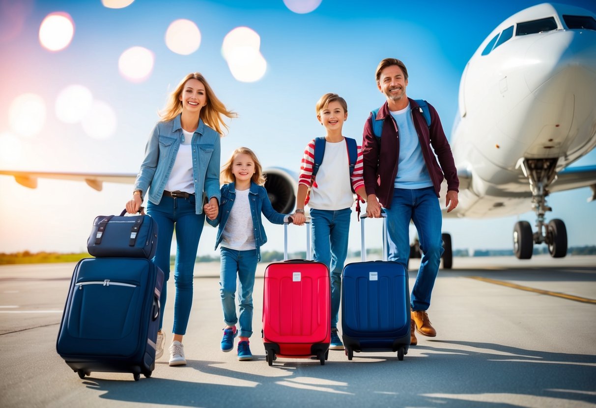 A family with children happily boarding a plane with luggage and travel essentials in hand