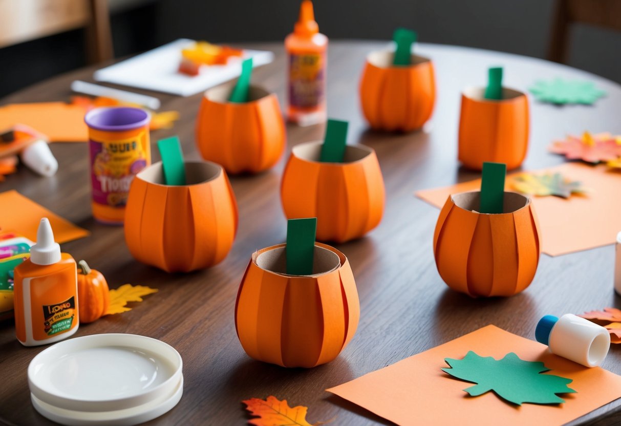 A table scattered with orange toilet paper roll pumpkins, glue, and craft supplies for a Thanksgiving-themed art project