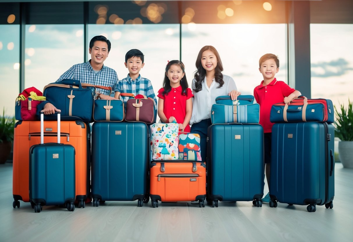 A family with suitcases and travel gear organized in a neat and efficient manner, ready to embark on a stress-free holiday journey with children