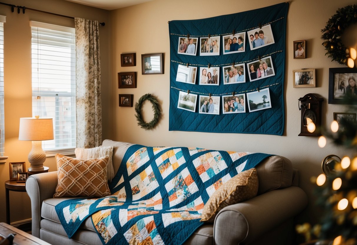 A cozy living room with a handmade quilt adorned with family photos hanging on the wall, surrounded by warm lighting and cherished mementos