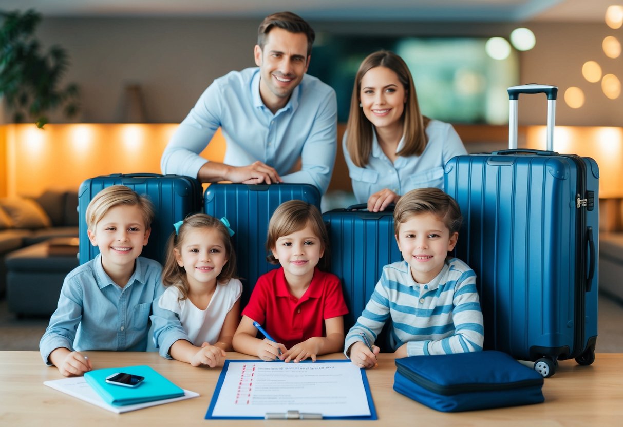 A family with suitcases neatly packed and a checklist on the table, surrounded by travel essentials and happy children