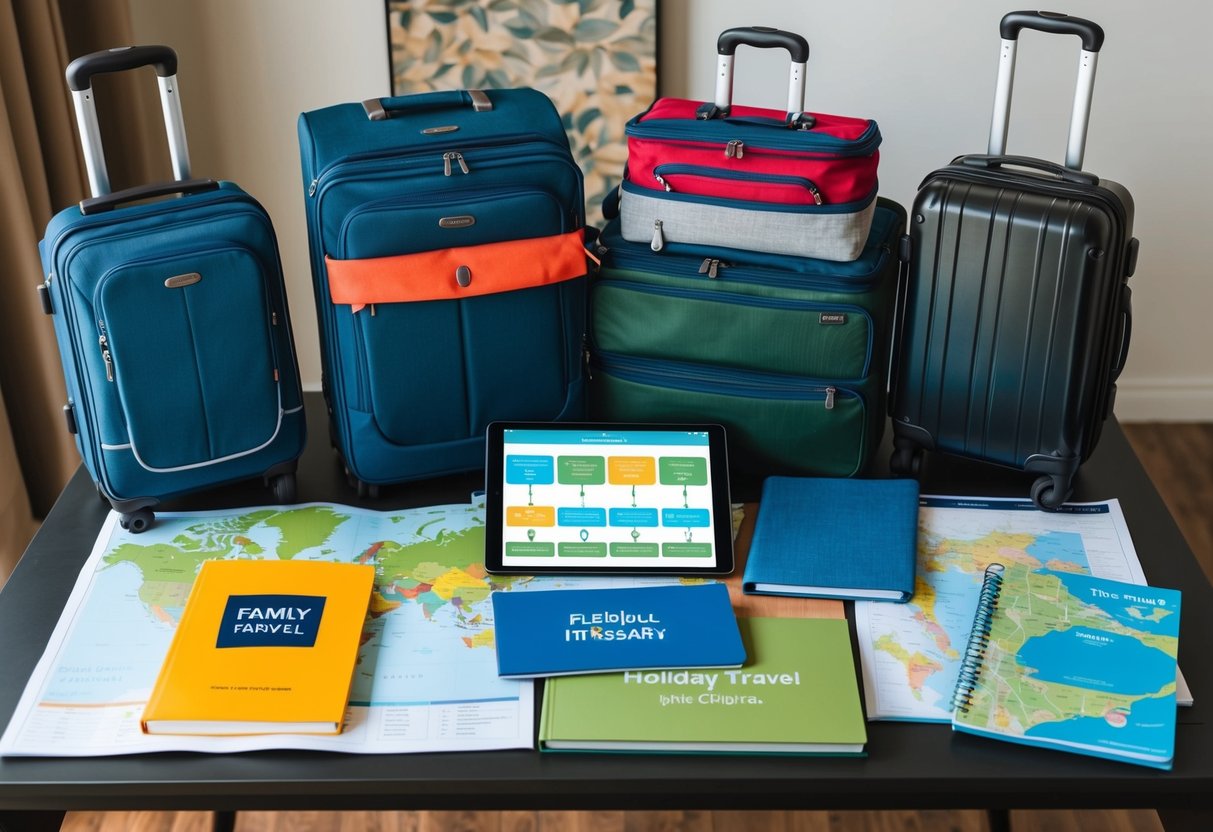 A family luggage with travel essentials spread out on a table, surrounded by a map, guidebook, and a tablet showing a flexible itinerary for holiday travel with children