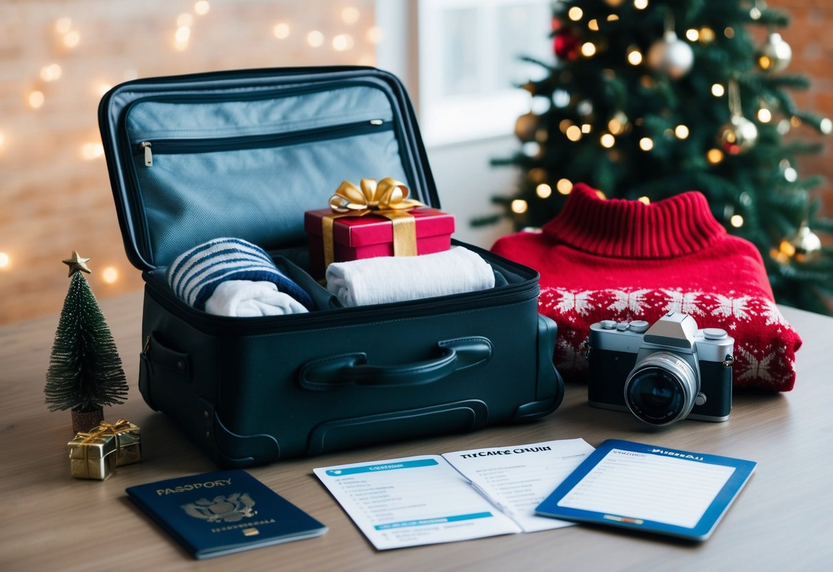 A suitcase packed with clothes, toiletries, and gifts sits next to a passport, boarding pass, and travel itinerary on a table. A festive holiday sweater and a camera are also included