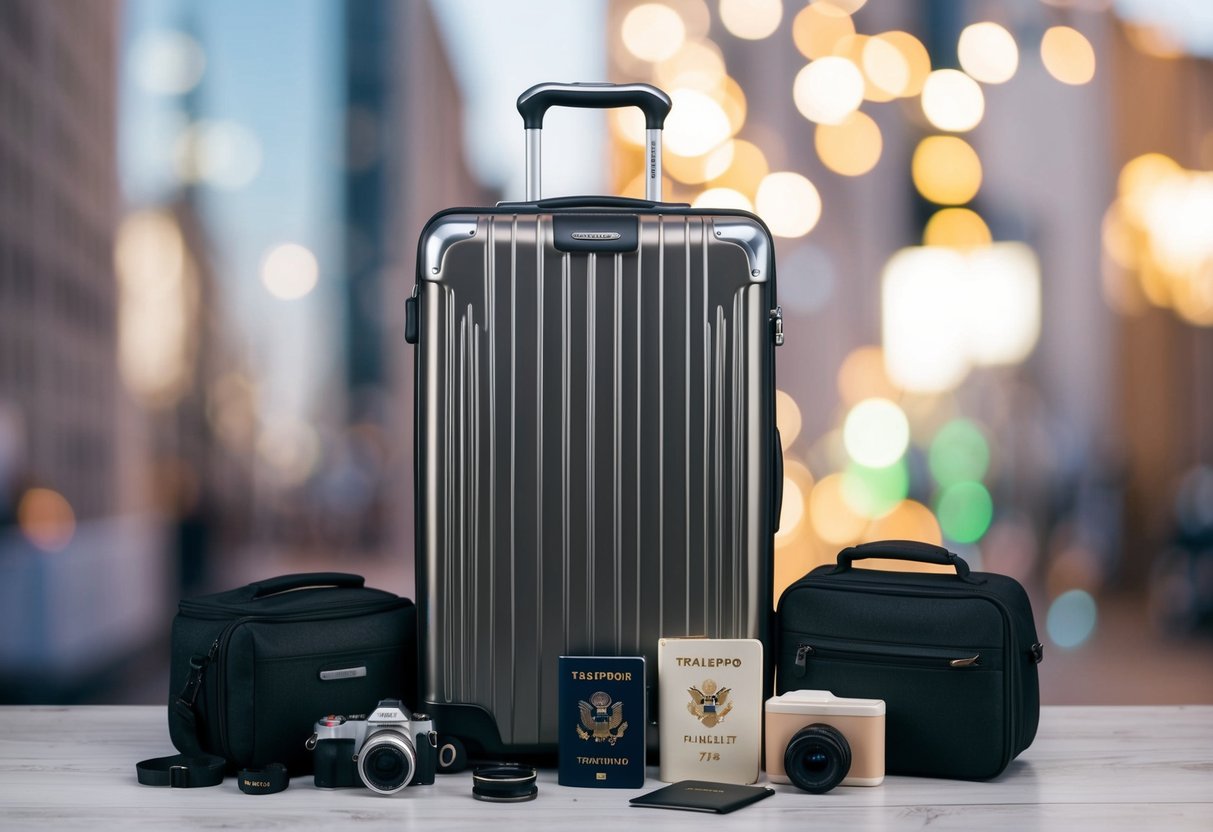 A Travelpro Platinum Elite suitcase surrounded by 9 essential holiday travel items, such as a passport, camera, and toiletry bag, ready for a journey