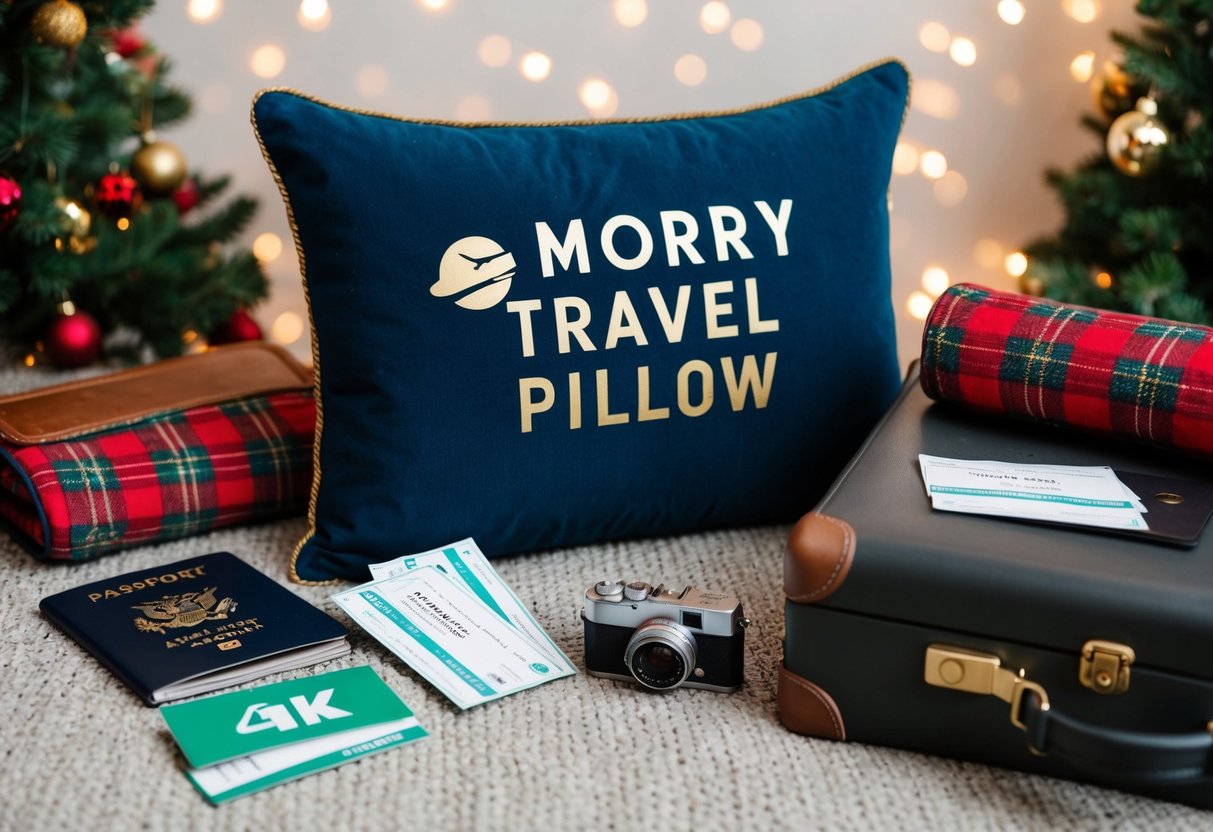 A cozy travel pillow surrounded by festive holiday items like a passport, suitcase, camera, and airplane tickets