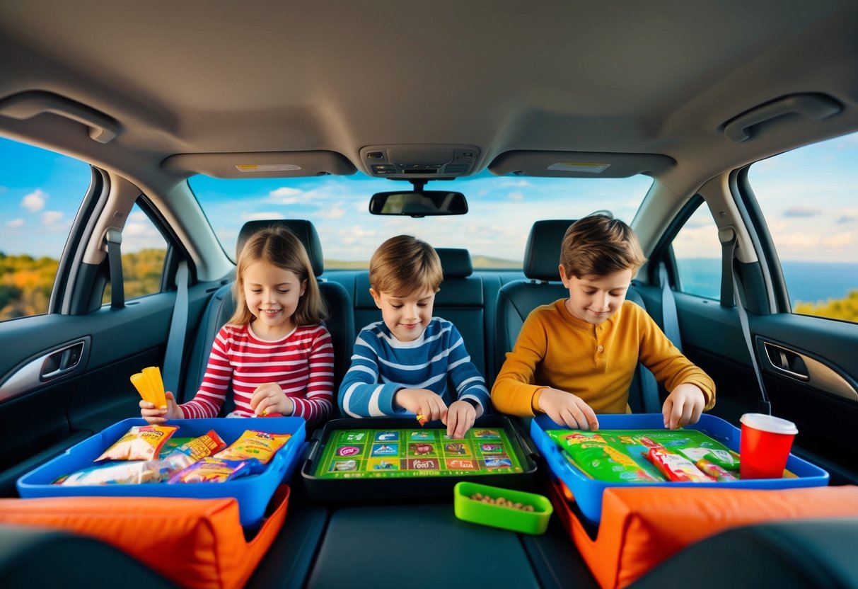 A family car with kids playing interactive games, surrounded by travel essentials and snacks, with a scenic view outside the window