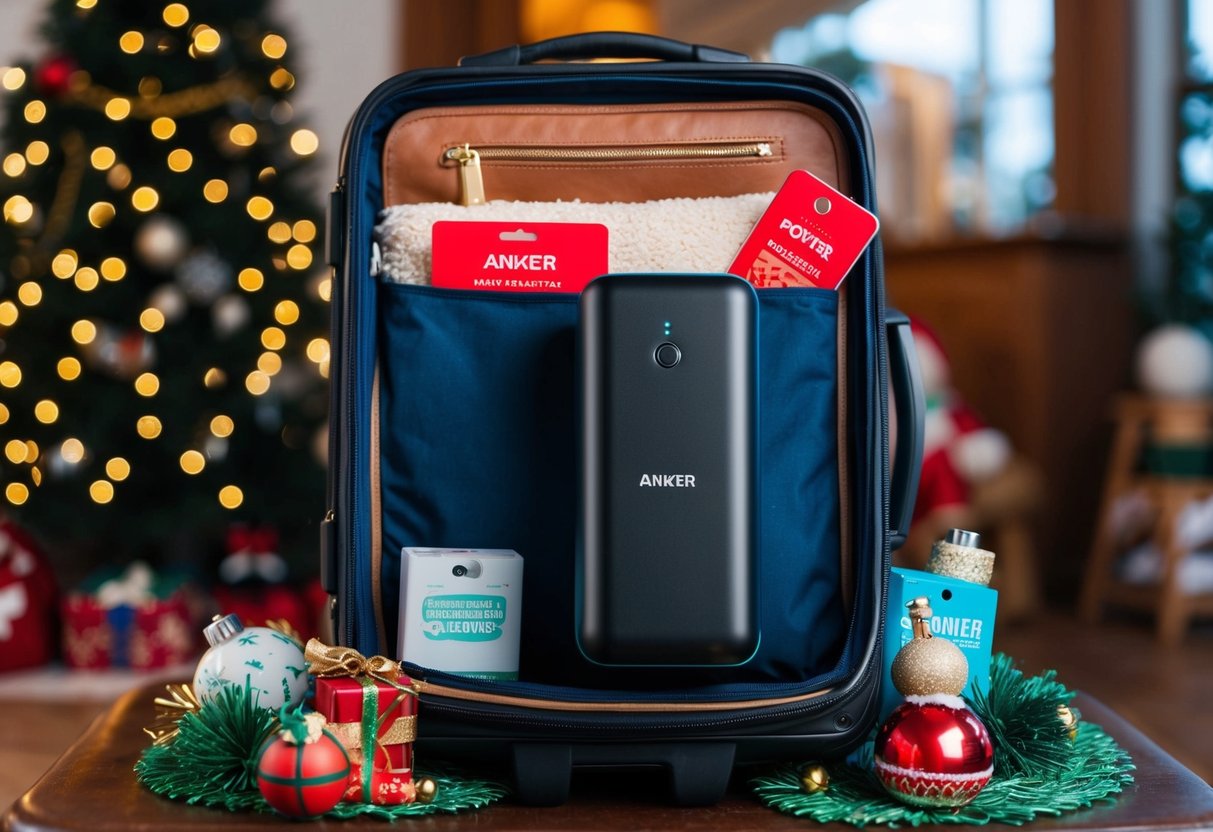 A suitcase packed with travel essentials, including the Anker PowerCore Portable Charger, surrounded by holiday-themed items