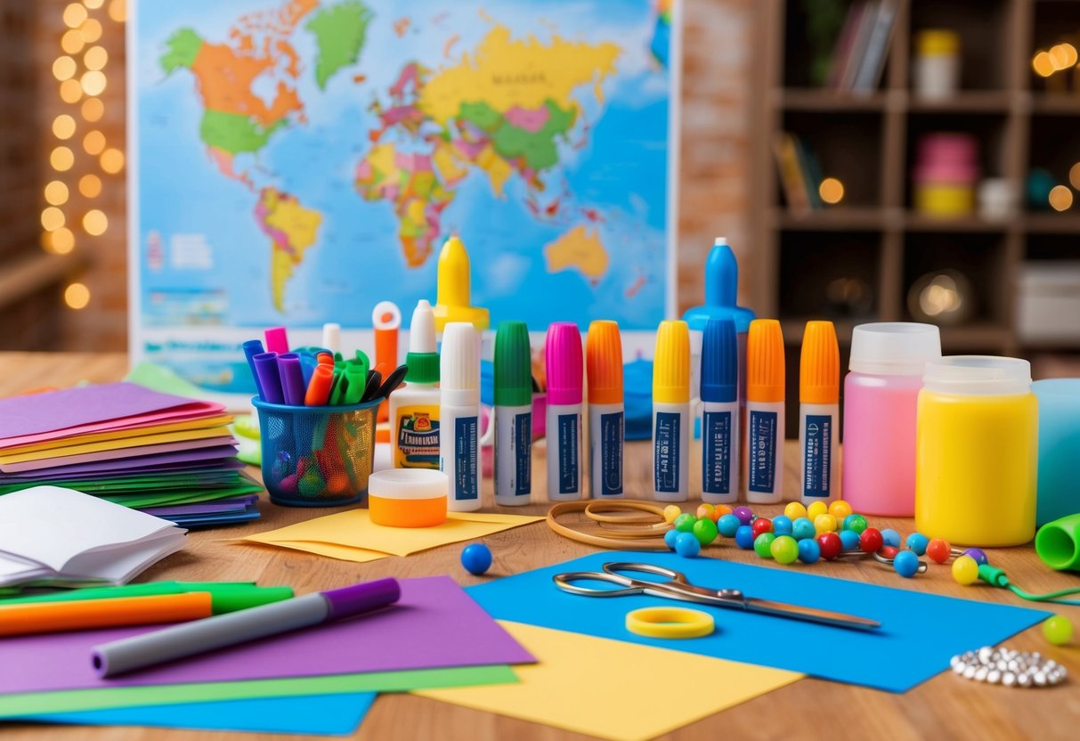 A colorful array of craft supplies scattered on a table, including markers, paper, glue, scissors, and beads. A map of a long holiday trip is visible in the background