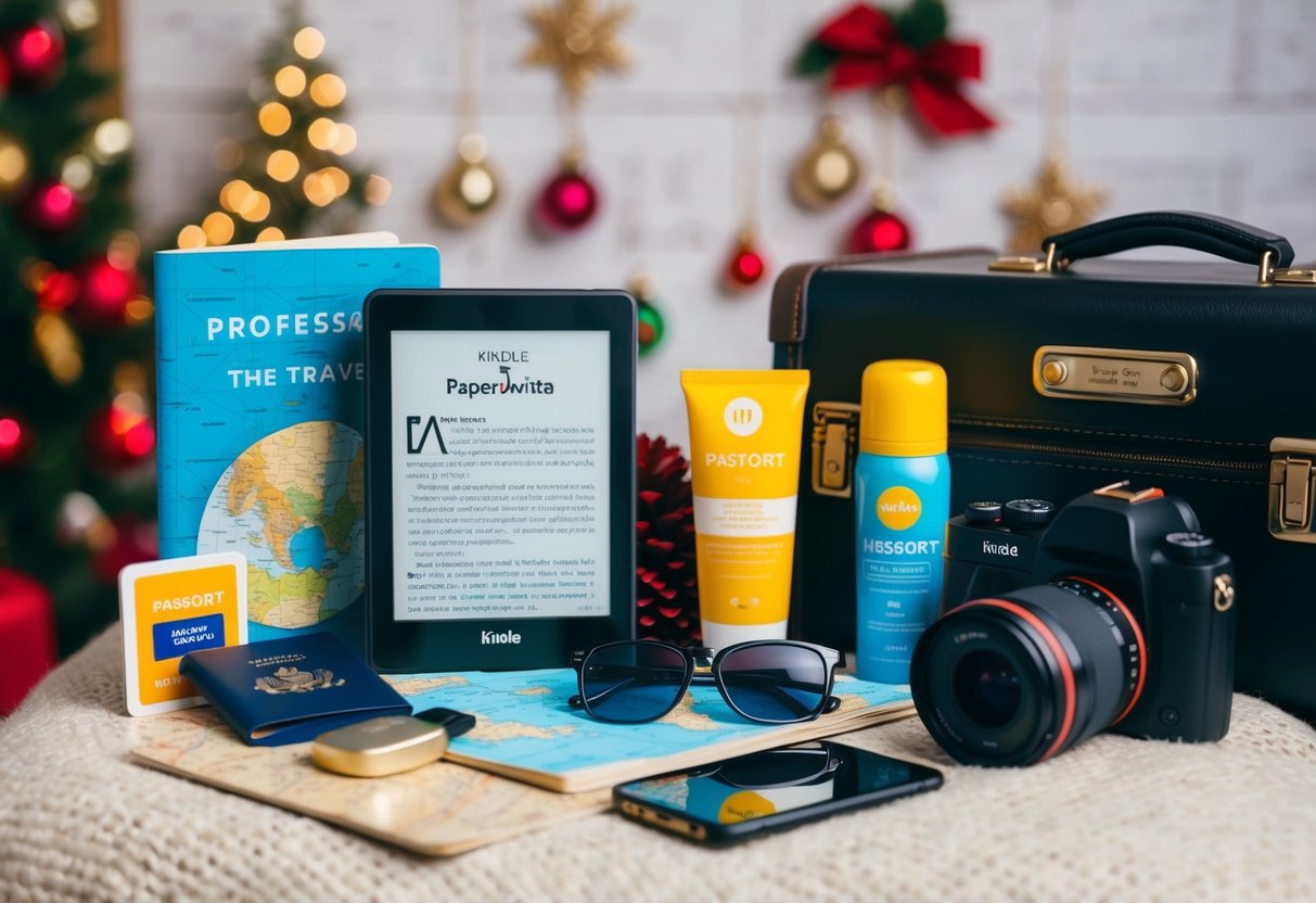 A cozy travel scene with a Kindle Paperwhite, passport, sunglasses, map, headphones, camera, sunscreen, and a book, set against a backdrop of holiday decorations and a suitcase