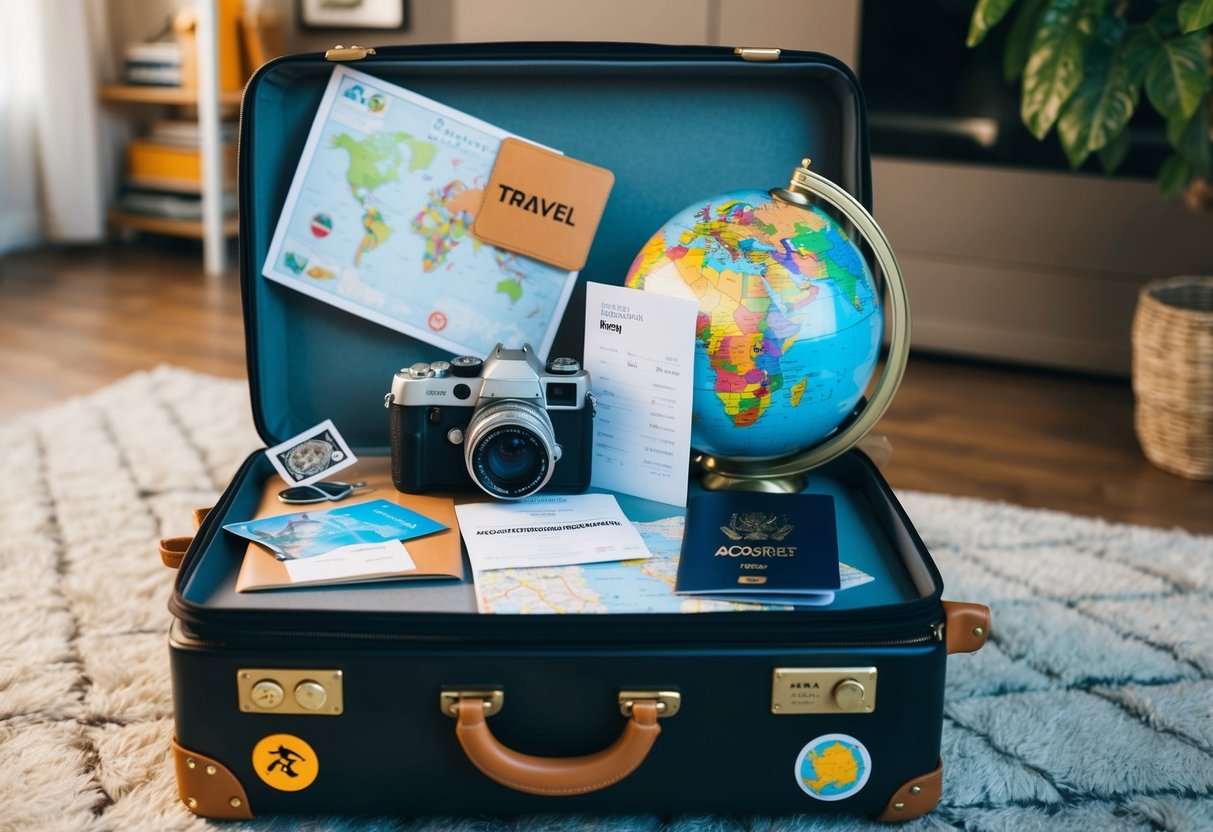 A suitcase with travel stickers, a camera, a map, a plane ticket, a passport, a postcard, a souvenir, and a globe