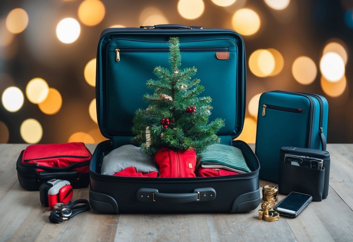 A small Christmas tree packed in a suitcase surrounded by travel essentials