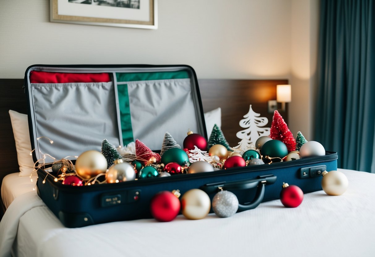 A suitcase open with various holiday-themed decorations spilling out onto a hotel room bed, including small ornaments, string lights, and paper cutouts