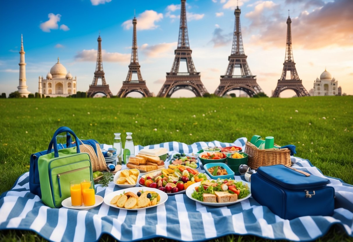 A picnic blanket spread with an assortment of travel-friendly foods, surrounded by iconic landmarks from around the world