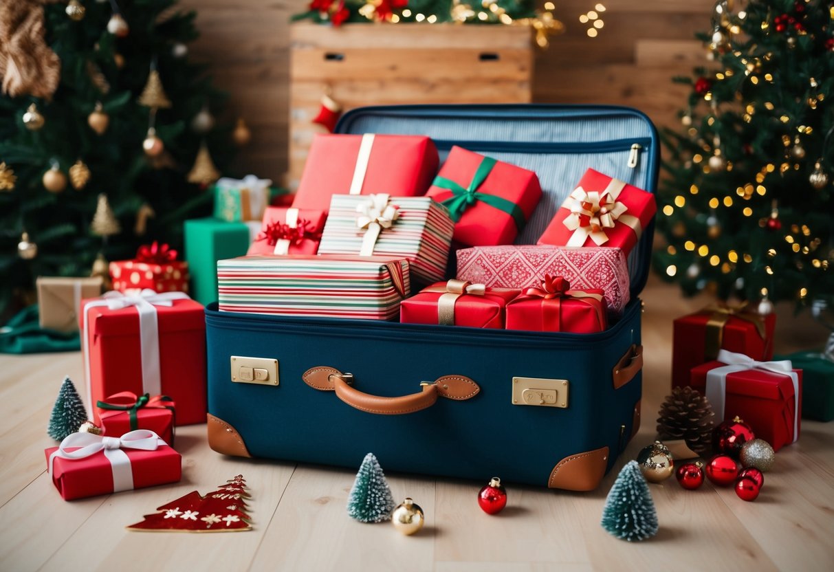 A suitcase filled with wrapped presents, surrounded by travel essentials and holiday decorations