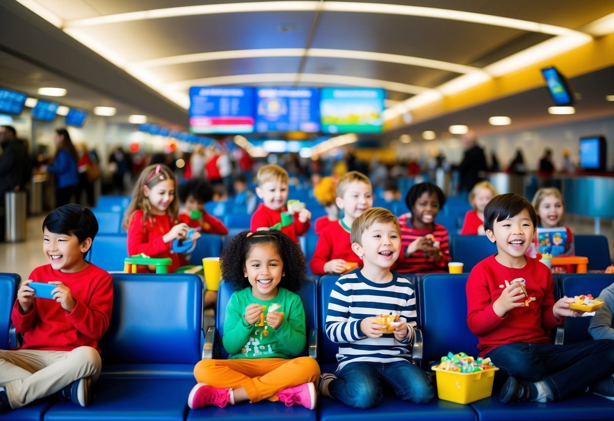 A colorful airport terminal filled with excited children playing games, watching cartoons, and snacking on treats while waiting for their holiday flights