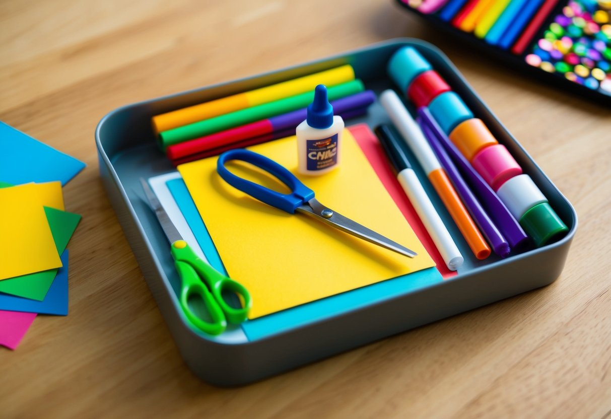 A compact craft kit with scissors, glue, colored paper, and markers arranged neatly on a tray