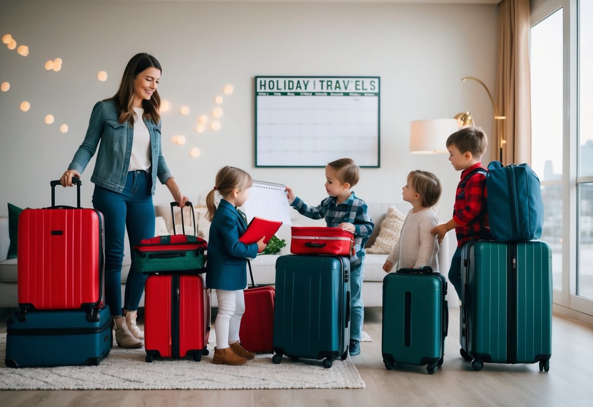 A family with young children packs suitcases and checks a calendar while discussing holiday travel plans