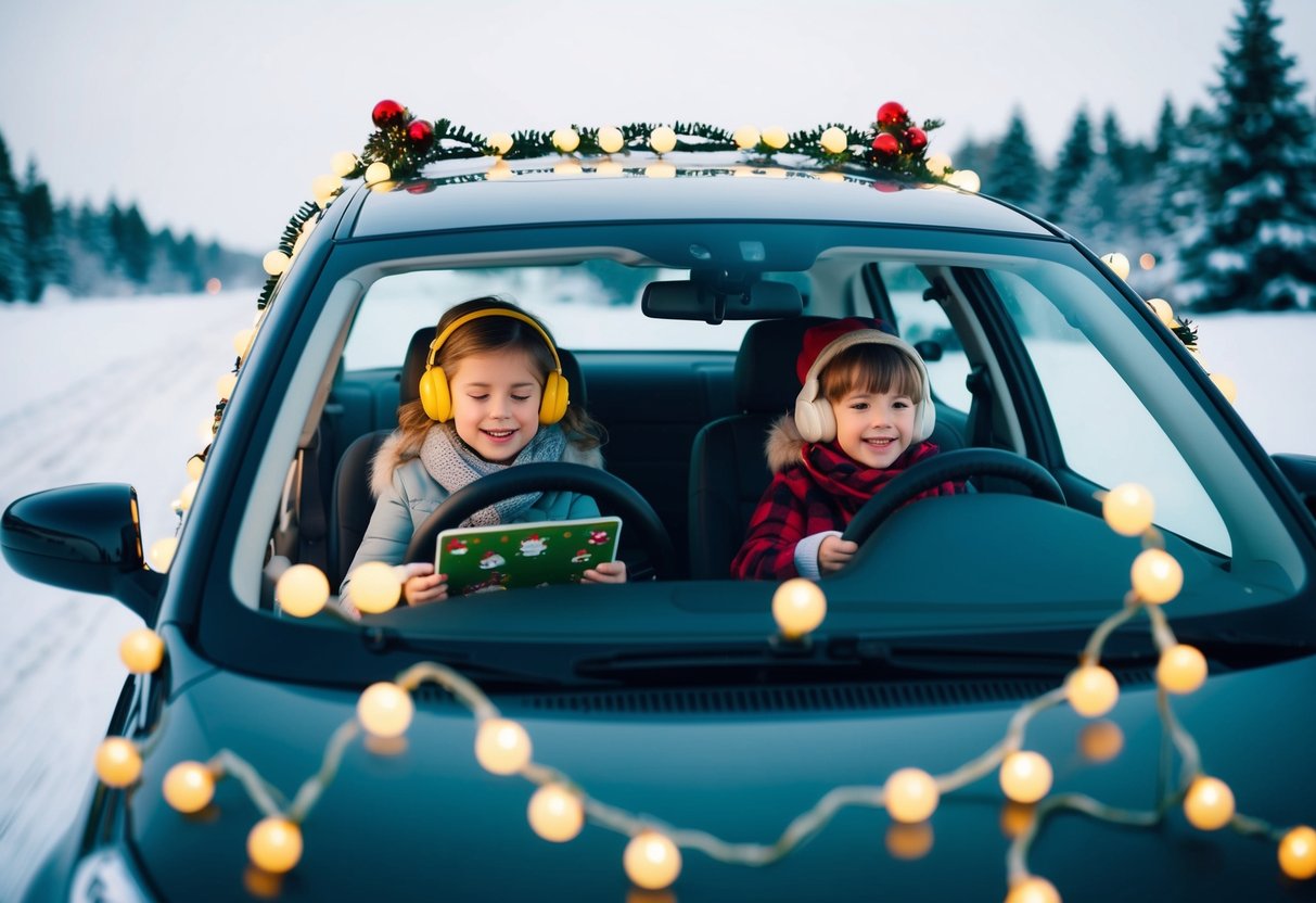 A family car drives through a snowy landscape, decorated with festive lights and ornaments. Children inside listen to a holiday-themed playlist and play games