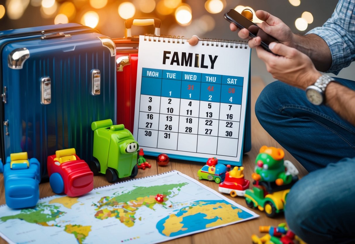 A family calendar with holiday travel dates marked, surrounded by suitcases, toys, and a map. A parent holds a phone, researching travel tips