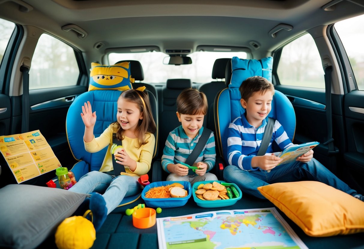 Children playing a game of I Spy in a car, surrounded by travel pillows, snacks, and toys. A map and travel guide are spread out on the seat next to them