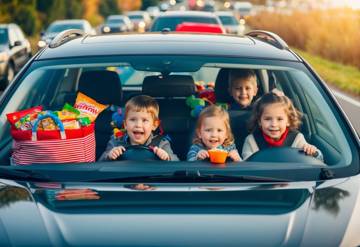 A family car packed with snacks and toys, navigating through a busy holiday travel route with young children in the backseat