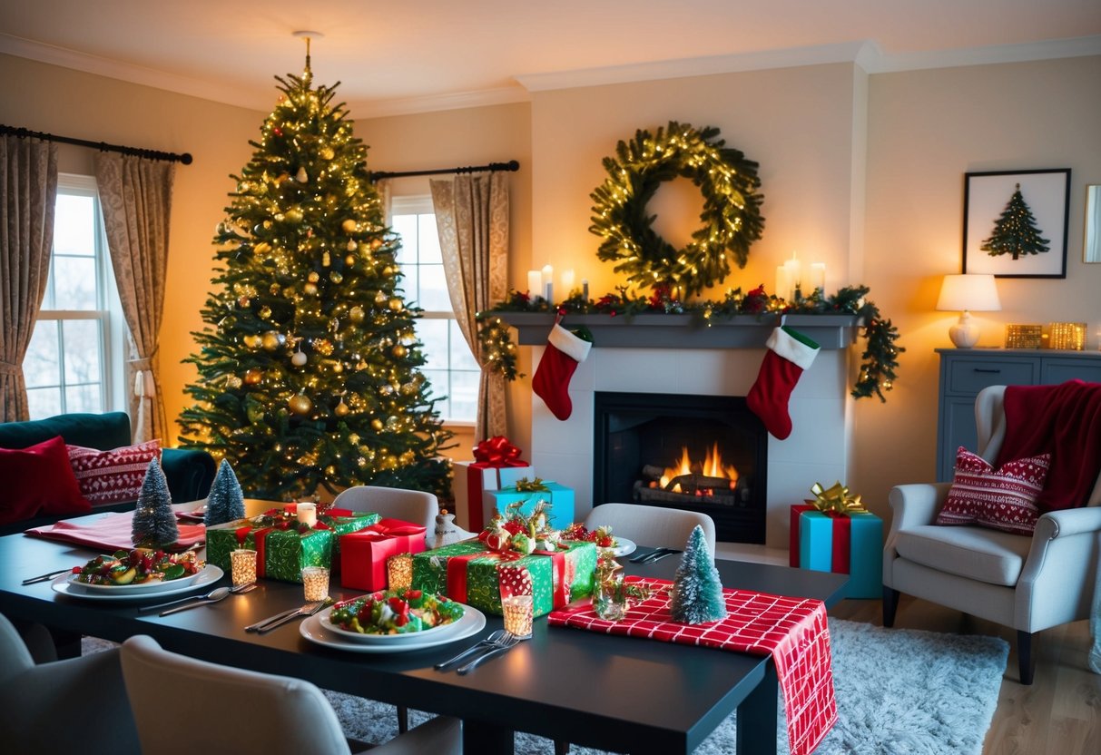 A cozy living room adorned with a festive tree, glowing lights, and stockings hung by the fireplace. A table set with a holiday feast and gifts wrapped in colorful paper