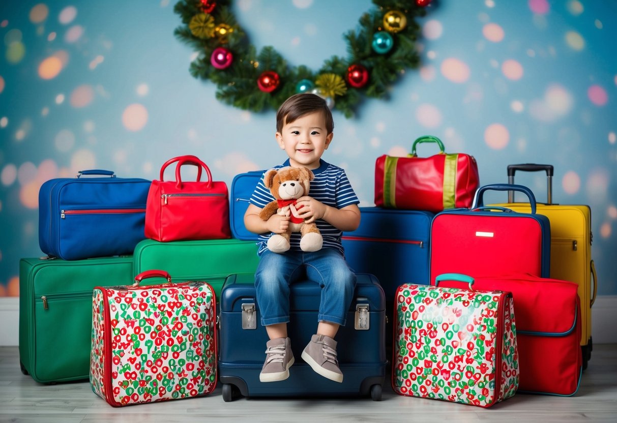 A child sits on a suitcase, holding a stuffed animal, surrounded by colorful travel bags and a festive holiday backdrop