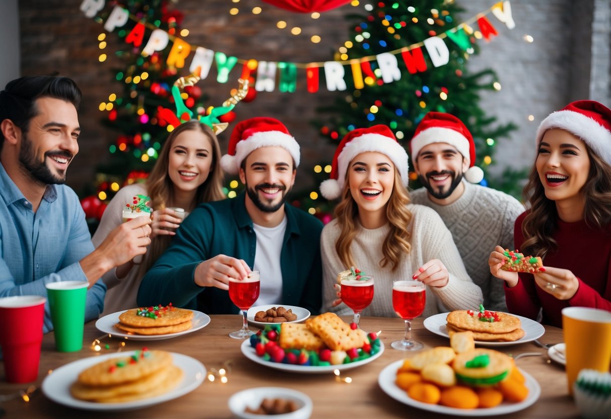 A festive virtual party with colorful decorations, twinkling lights, and holiday-themed snacks. Laughter and cheer fill the virtual space as friends and family gather to celebrate Christmas together