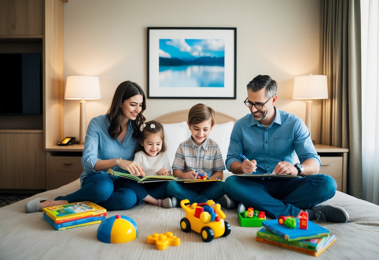 A family sits in a cozy, child-friendly hotel room, with toys and books scattered around. The parents are organizing travel schedules while the children play happily