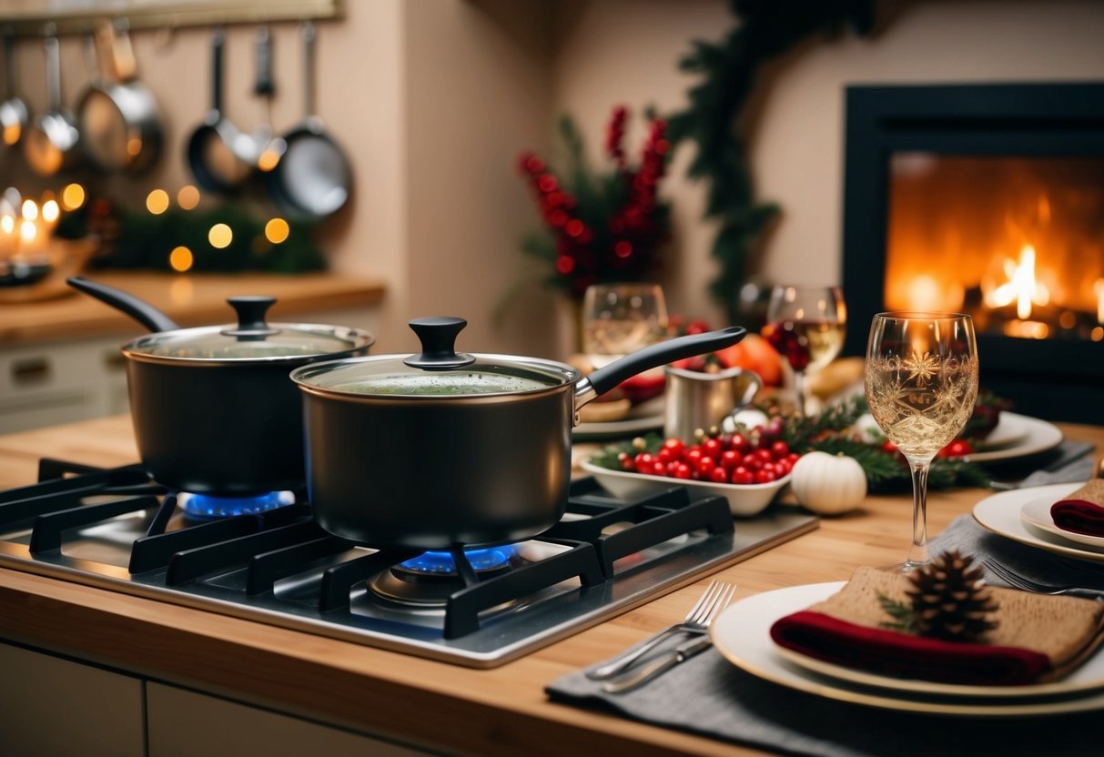 A cozy kitchen with pots and pans simmering on the stove, a table set with festive dishes, and a warm glow from the fireplace