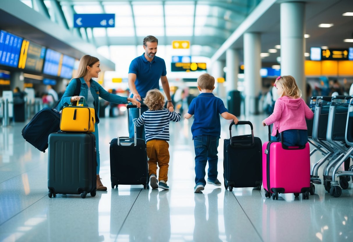 A family with young children navigating a busy airport, juggling suitcases and strollers while checking a flexible itinerary on a digital device