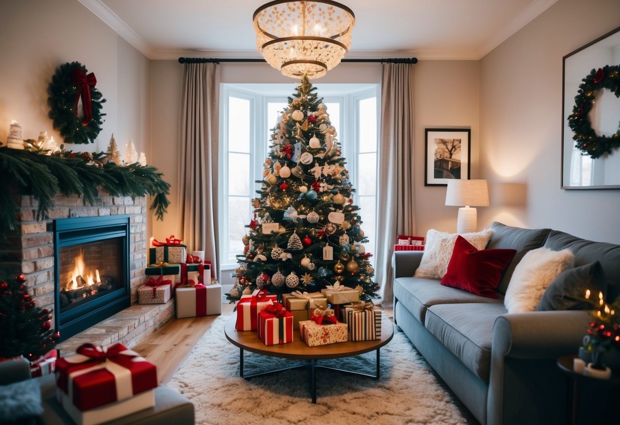 A cozy living room with a crackling fireplace, a beautifully decorated Christmas tree, and a table filled with personalized gifts and festive decorations