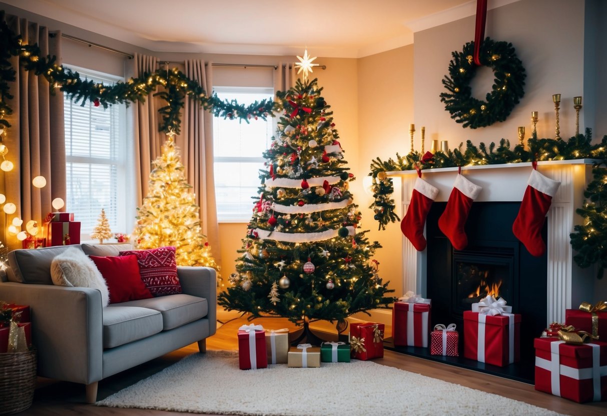 A cozy living room with a decorated Christmas tree, stockings hung on a fireplace, twinkling lights, festive garlands, and wrapped presents