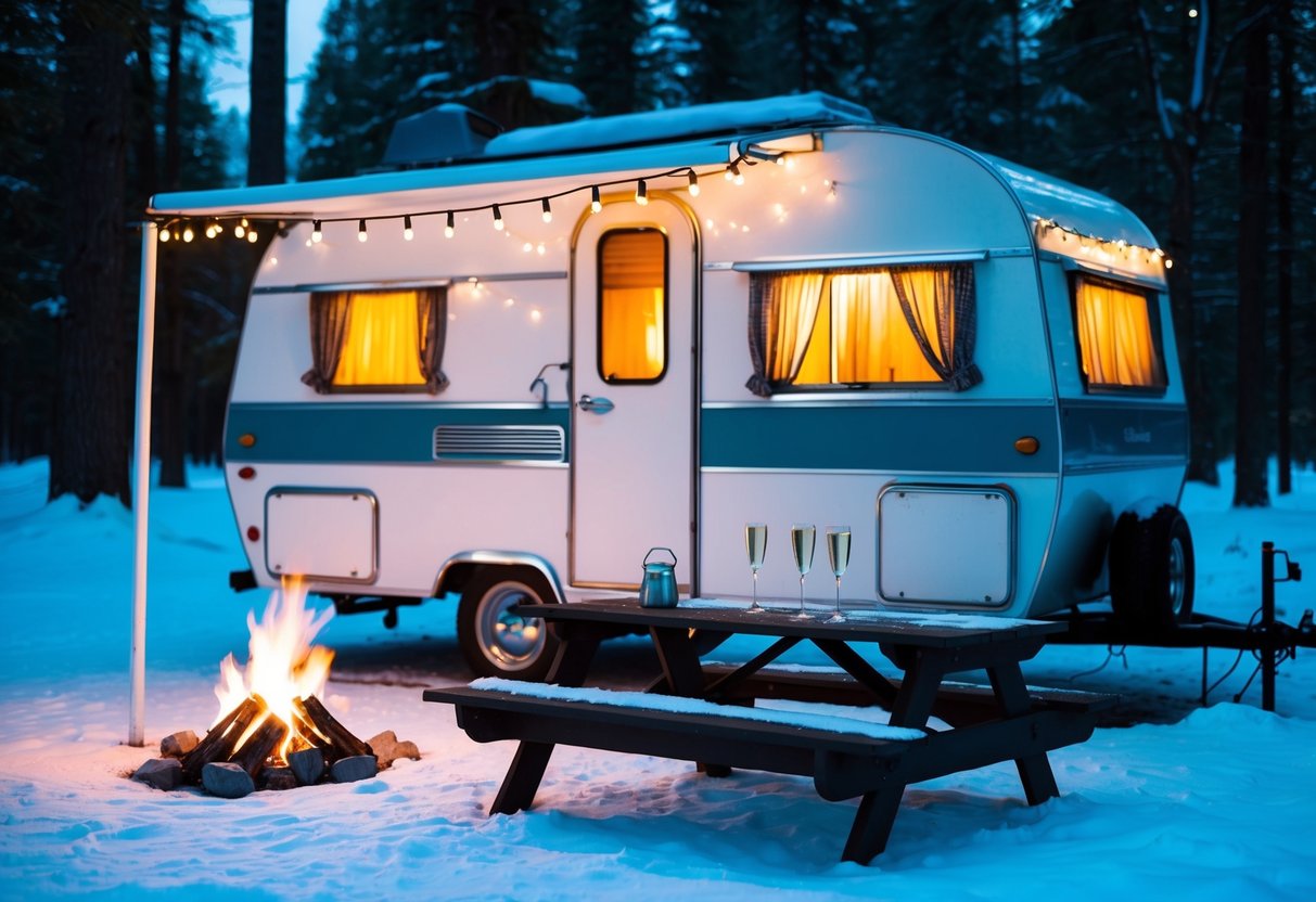 A vintage camper parked in a snowy forest, adorned with twinkling lights and a glowing campfire outside. A couple of champagne glasses sit on the picnic table, ready for a midnight toast