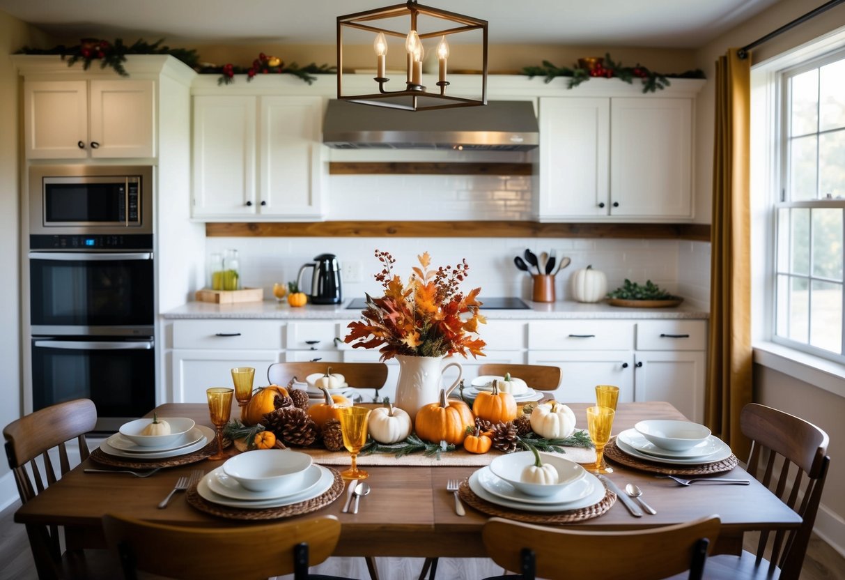 A cozy vacation rental with a full kitchen, adorned with Thanksgiving decorations and a dining table set for a special holiday meal