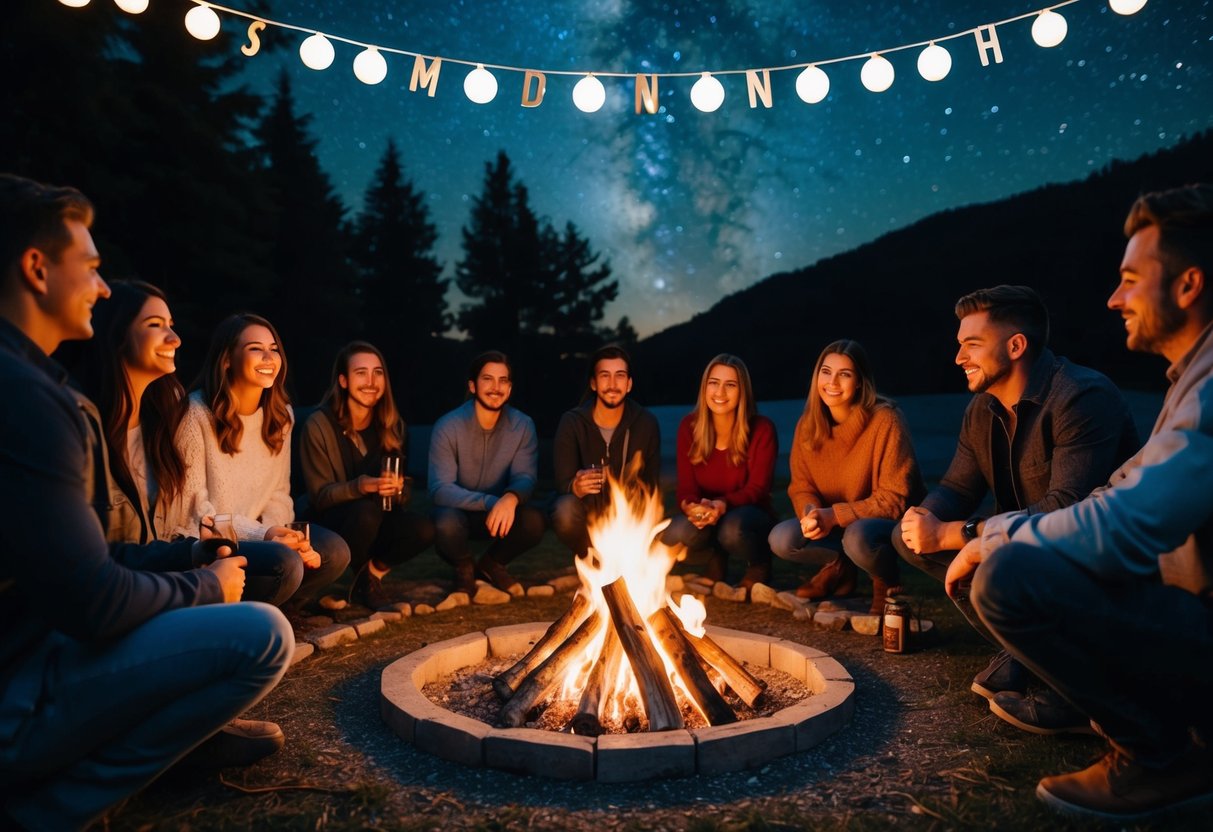 A cozy campfire surrounded by a circle of friends, with a backdrop of starry night sky and a festive countdown to midnight