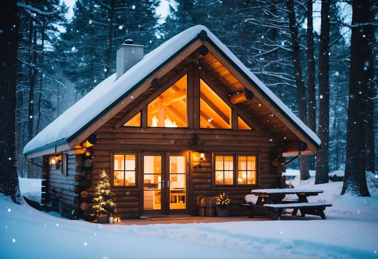 A cozy cabin nestled in the snowy woods, with a warm fire glowing inside. Snowflakes gently falling outside, creating a peaceful and festive atmosphere for celebrating New Year's Eve