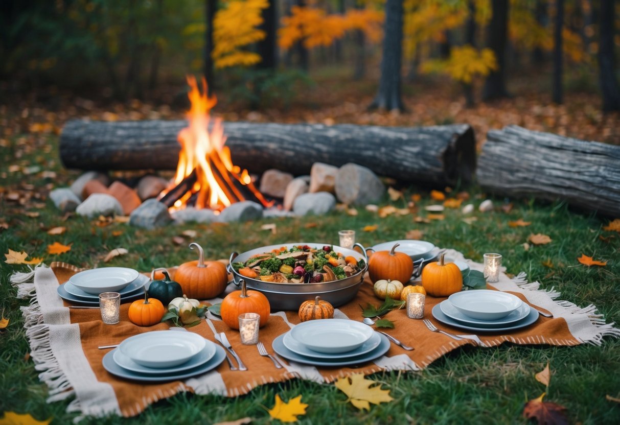 A rustic picnic blanket spread with locally sourced Thanksgiving dishes, surrounded by autumn foliage and a cozy campfire