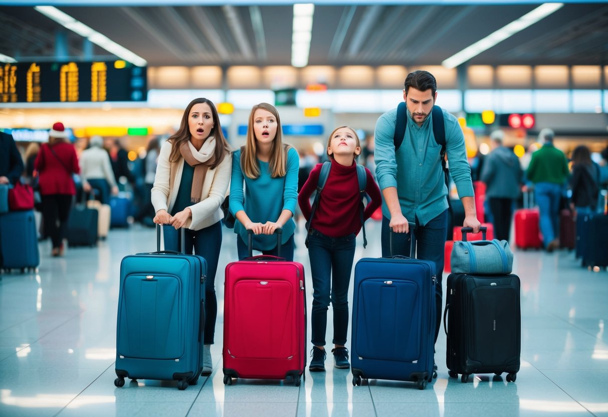 A family of four with suitcases and travel gear, looking stressed and overwhelmed at a crowded airport during the holiday season