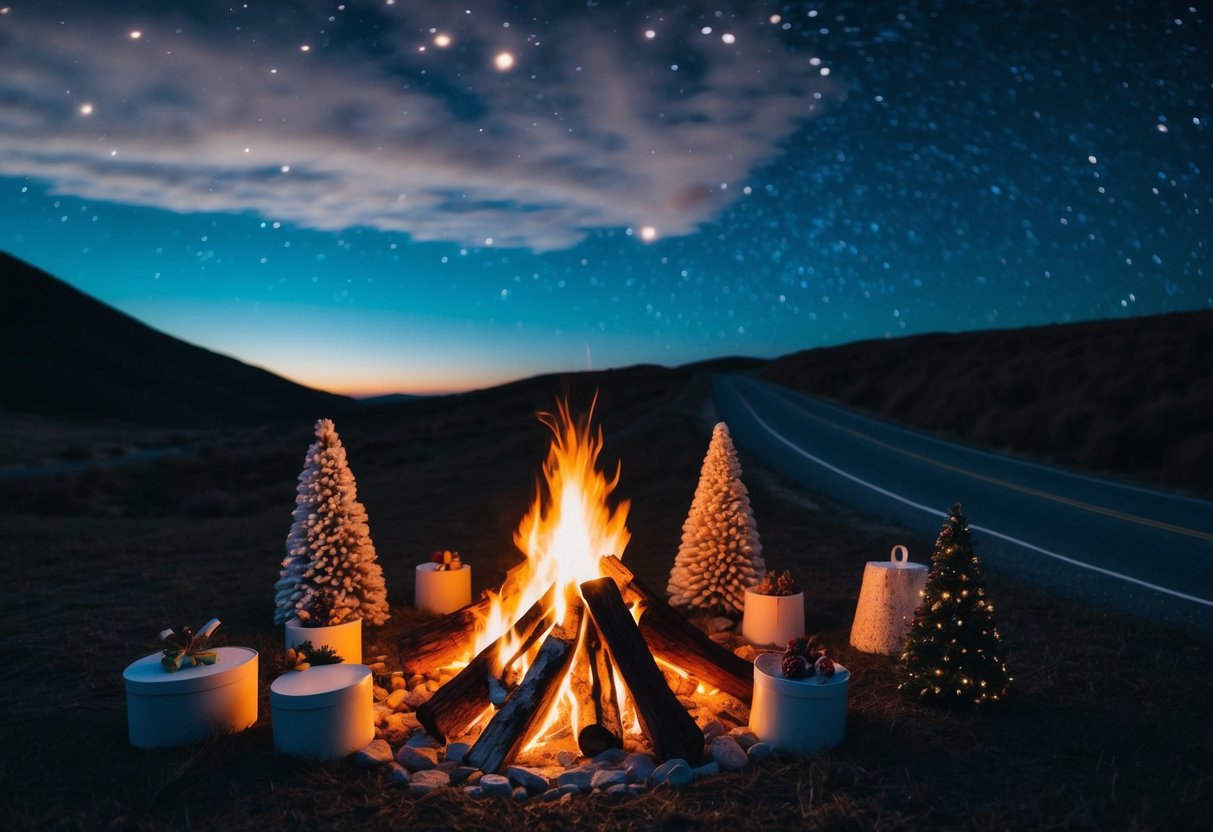 A cozy campfire surrounded by festive decorations, with a backdrop of a starry night sky and a winding road leading off into the distance