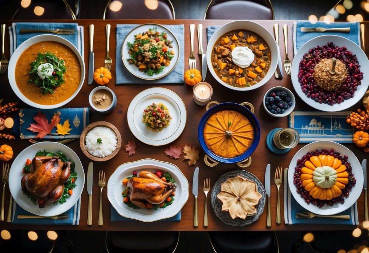 A festive table set with eight different Thanksgiving dishes, each presented in a unique and special way, surrounded by travel-themed decorations