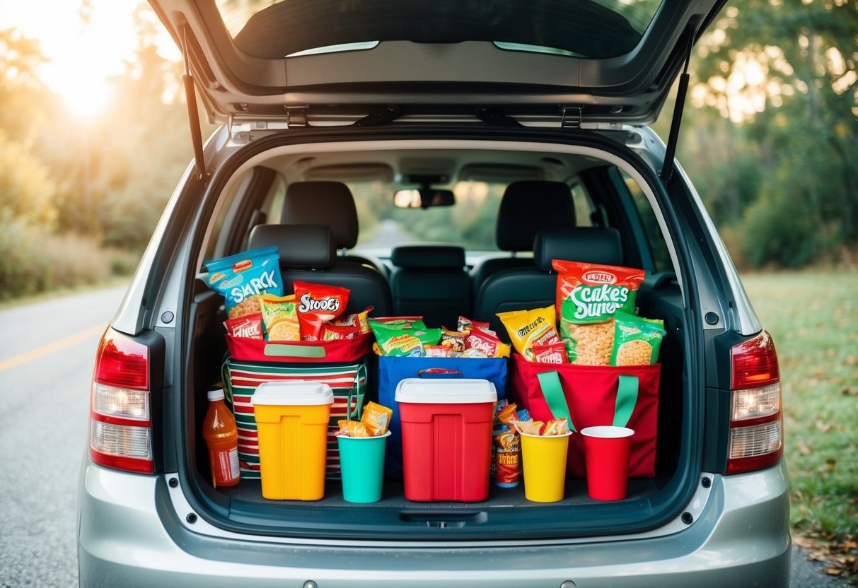 A family car packed with snacks and drinks for holiday travel