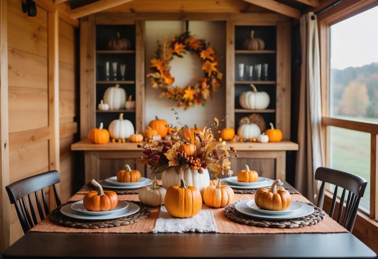 A cozy temporary home adorned with homemade Thanksgiving crafts, including a handcrafted centerpiece, painted pumpkins, and a wreath made from fall foliage