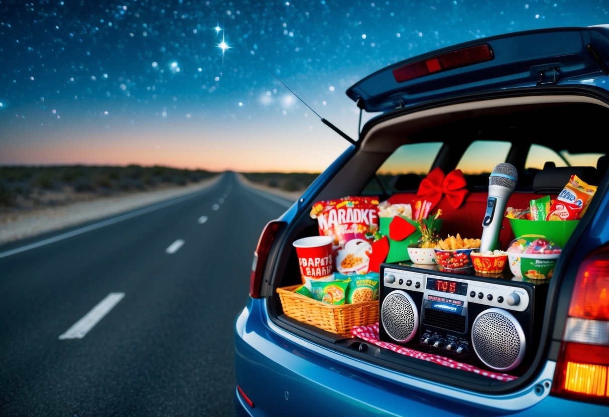 A car filled with festive decorations, snacks, and a karaoke machine. The road stretches out ahead, with a starry sky above