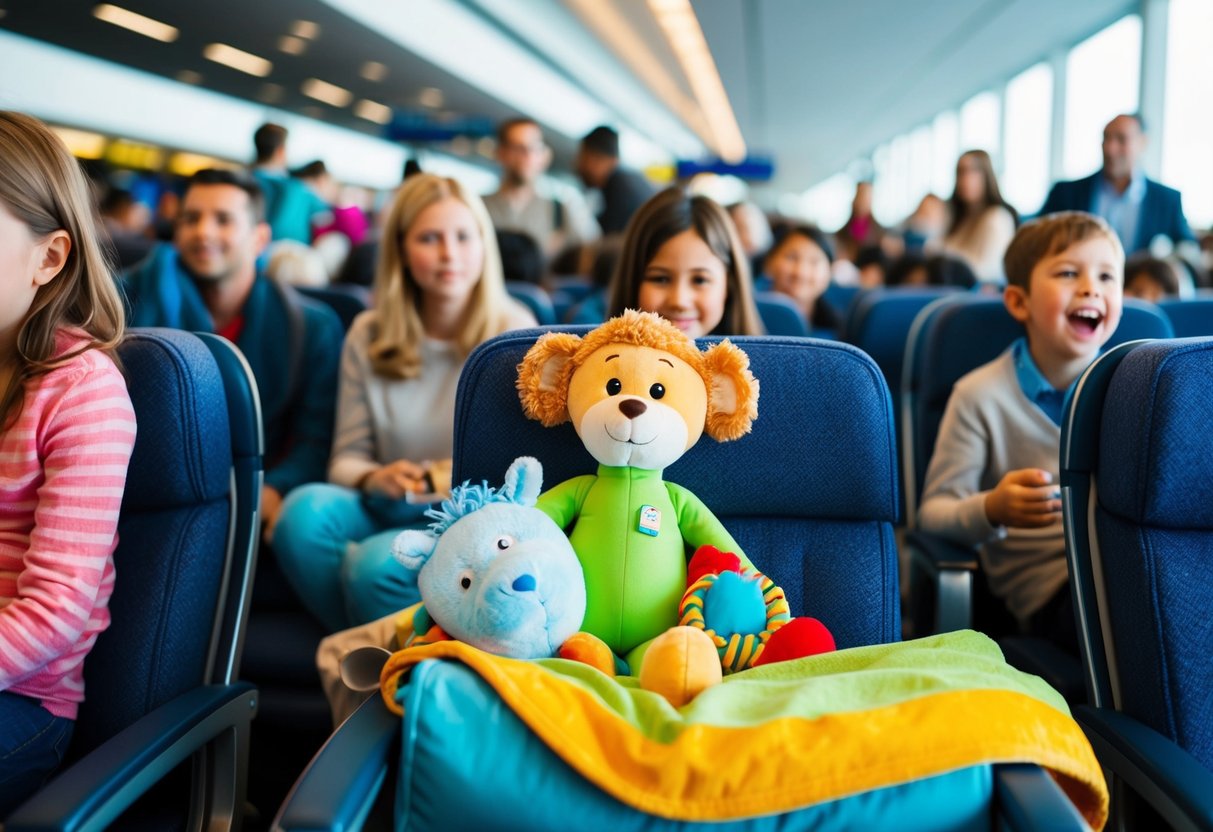 A child's favorite toy and blanket sit on a cozy seat in a crowded airport, surrounded by stressed parents and excited kids