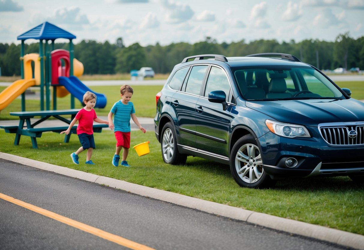 A family car parked at a rest area, kids playing on a grassy area with a picnic table and a playground in the background