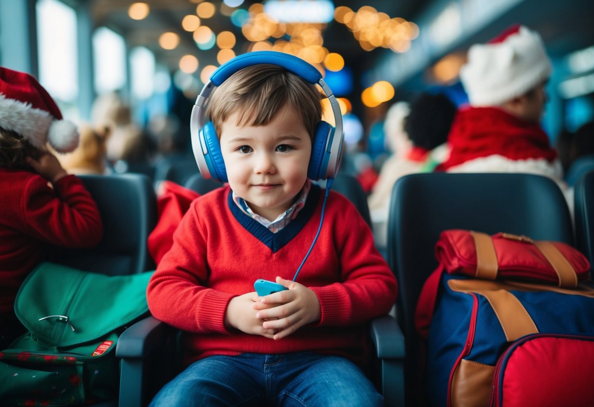 A child wearing noise-canceling headphones sits calmly amidst chaotic holiday travel scenes